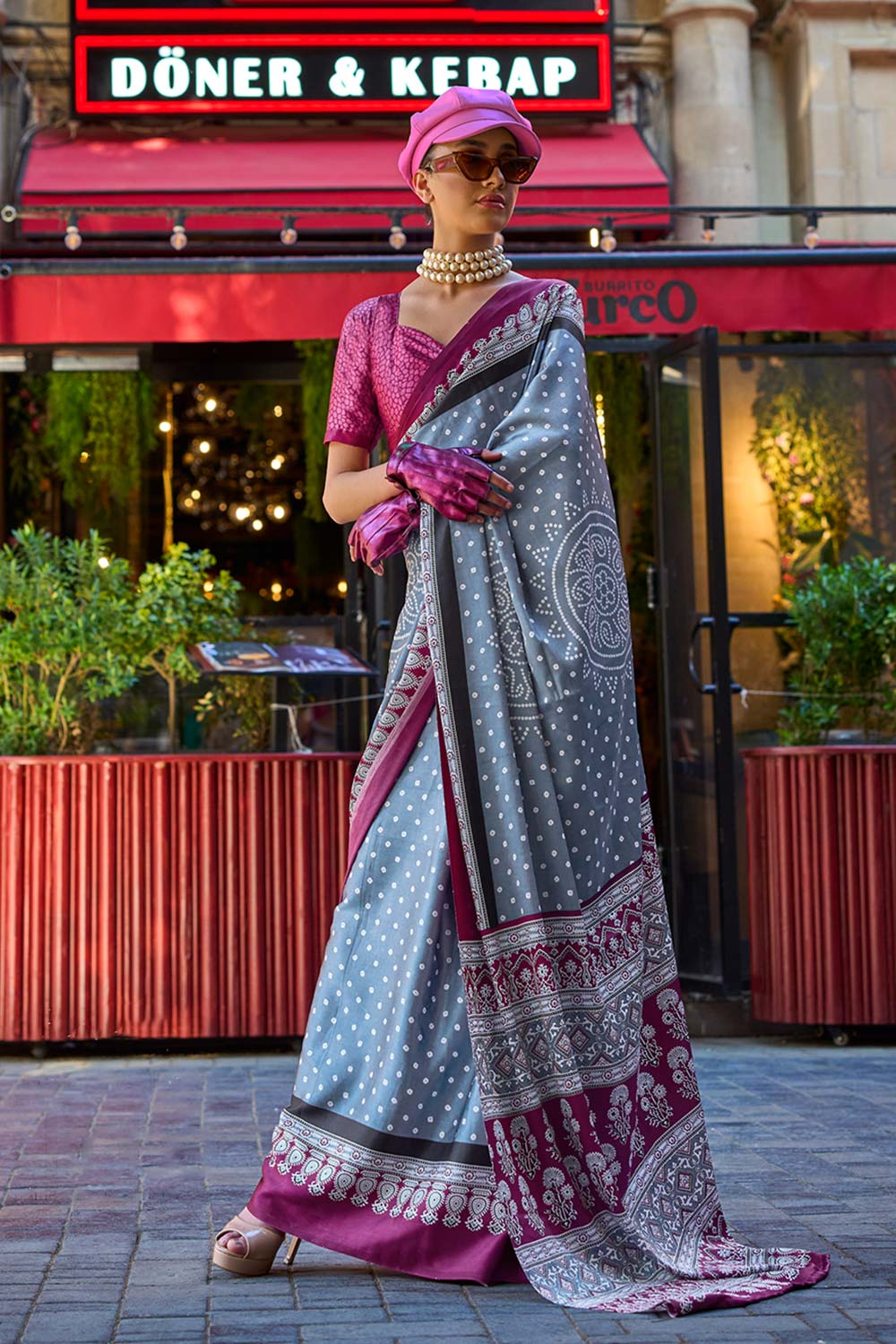 Buy Grey Satin Crepe Printed One Minute Saree Online