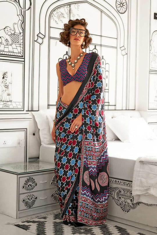 Kina Ajrakh Black Satin Crepe Printed One Minute Saree