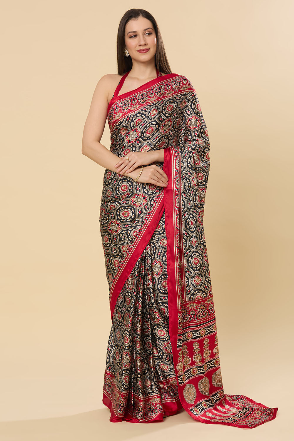 Zoya Ajrakh Red Satin Printed Ready to Wear Saree