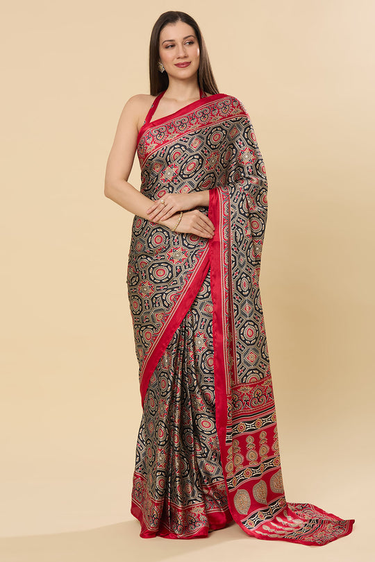 Zoya Ajrakh Red Satin Printed Ready to Wear Saree
