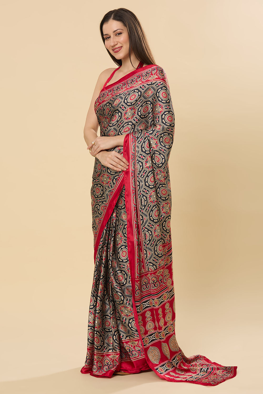 Zoya Ajrakh Red Satin Printed Ready to Wear Saree
