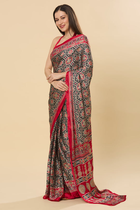 Zoya Ajrakh Red Satin Printed Ready to Wear Saree