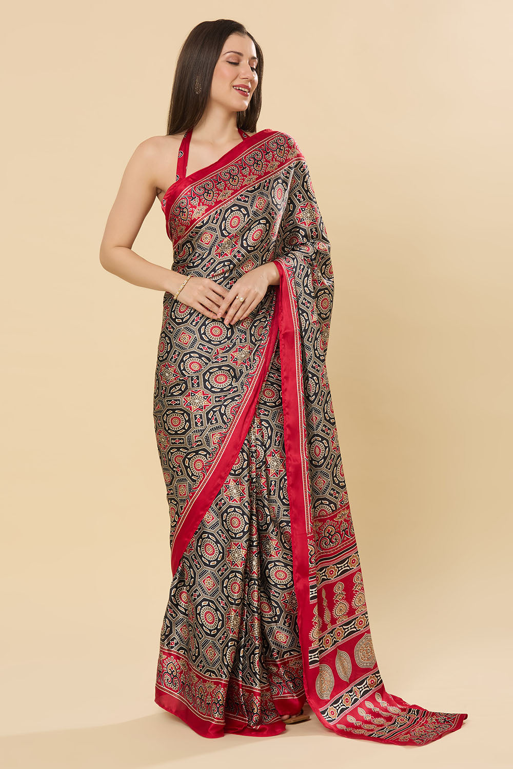 Zoya Ajrakh Red Satin Printed Ready to Wear Saree