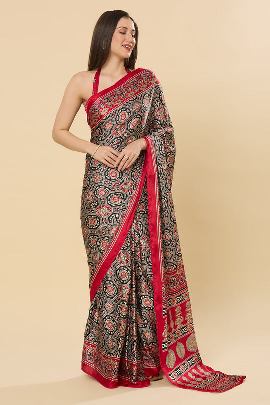 Zoya Ajrakh Red Satin Printed Ready to Wear Saree