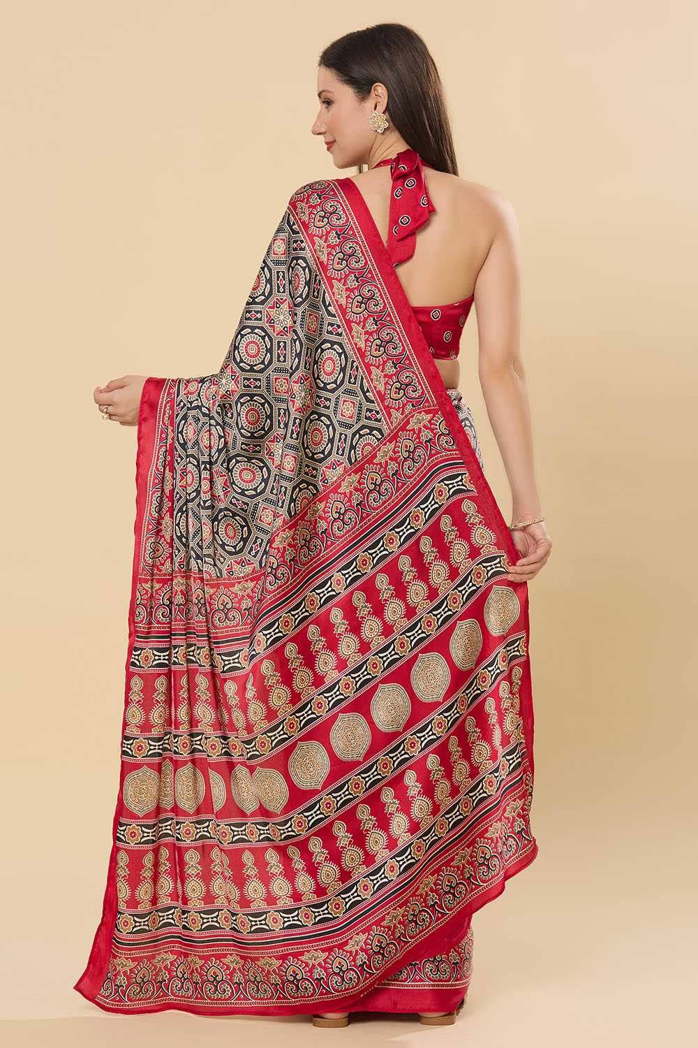 Zoya Ajrakh Red Satin Printed Ready to Wear Saree