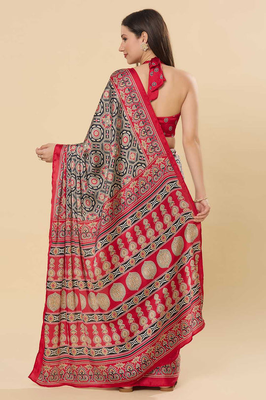 Zoya Ajrakh Red Satin Printed Ready to Wear Saree
