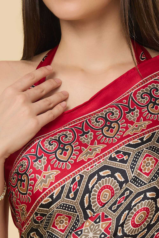 Zoya Ajrakh Red Satin Printed Ready to Wear Saree
