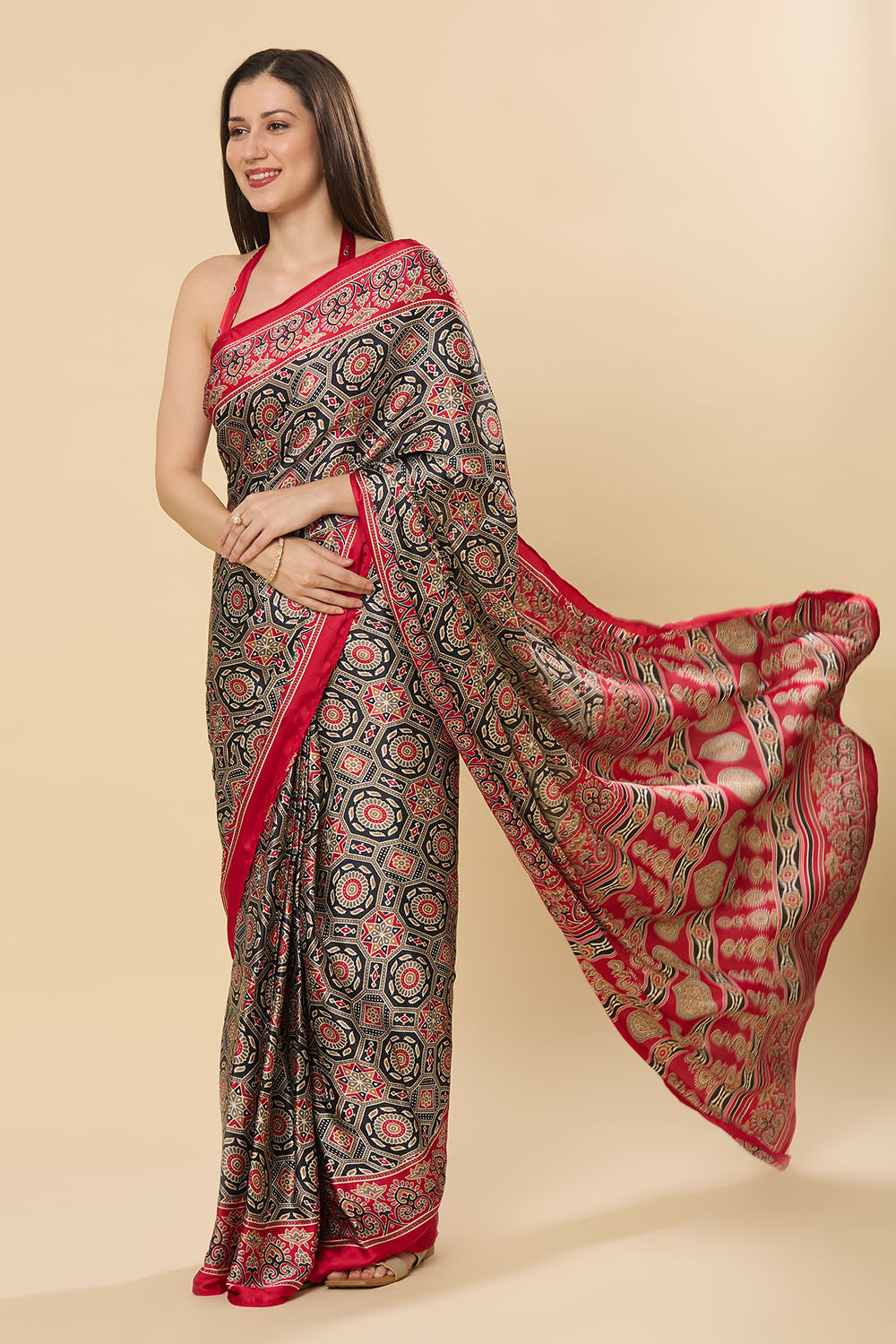 Zoya Ajrakh Red Satin Printed Ready to Wear Saree