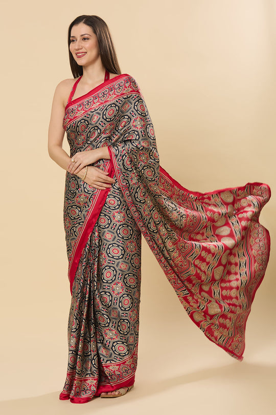 Zoya Ajrakh Red Satin Printed Ready to Wear Saree
