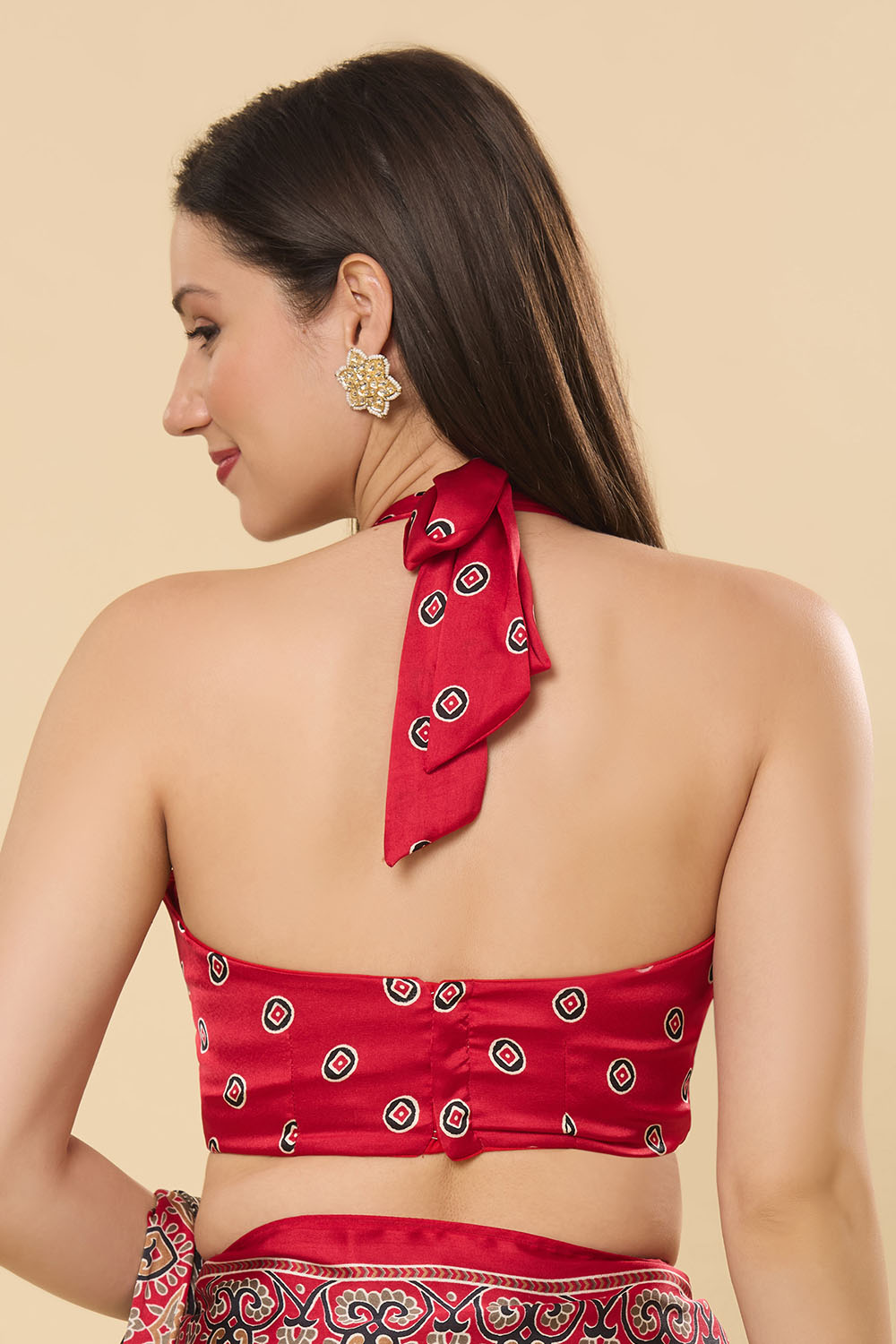 Zoya Ajrakh Red Satin Printed Ready to Wear Saree