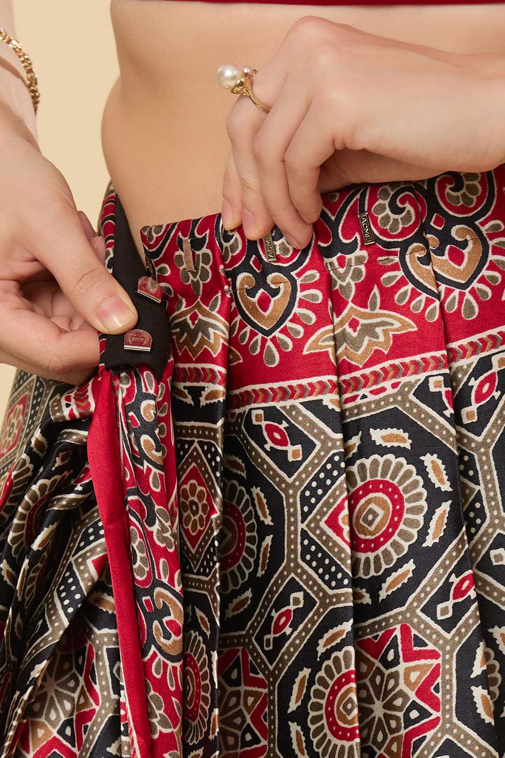 Zoya Ajrakh Red Satin Printed Ready to Wear Saree