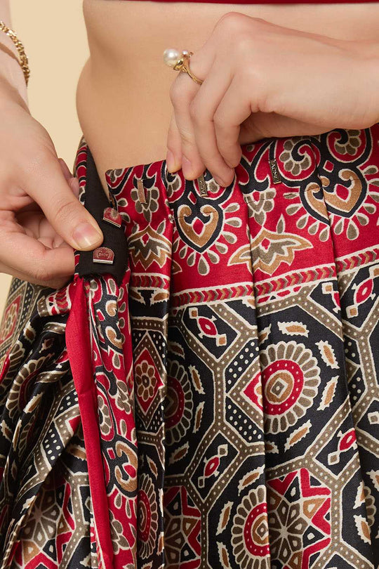 Zoya Ajrakh Red Satin Printed Ready to Wear Saree