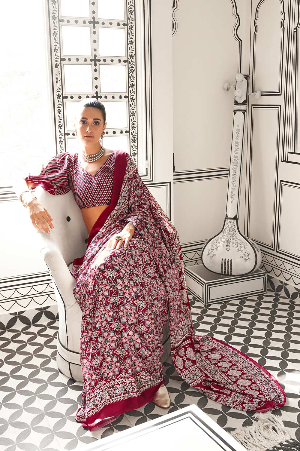Tina Ajrakh Maroon Satin Crepe Printed One Minute Saree