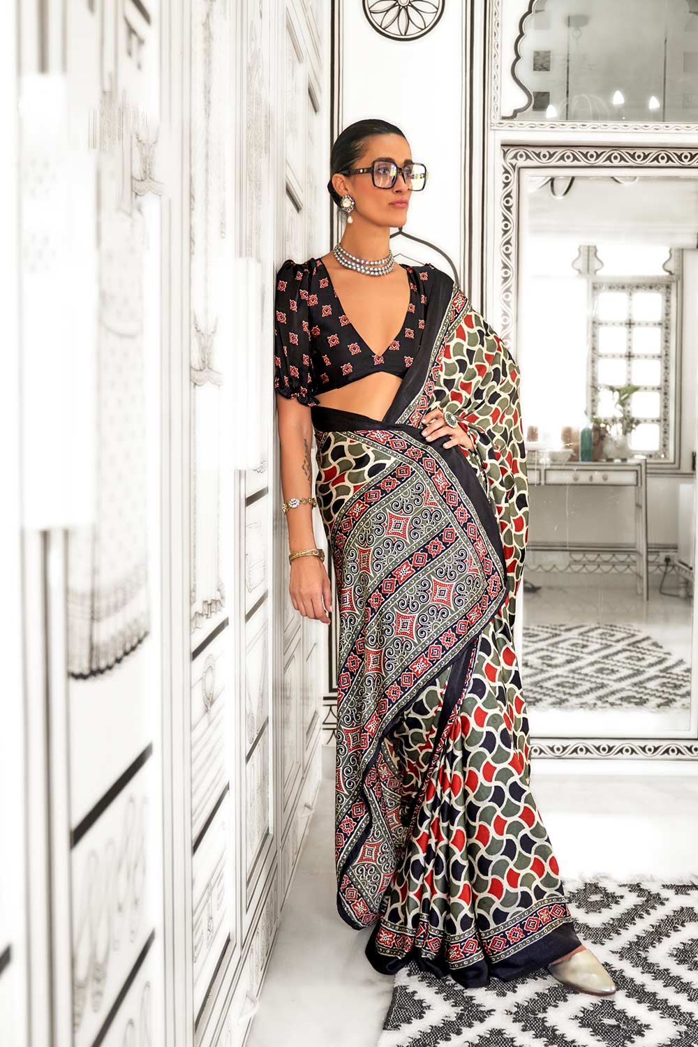 Trina Ajarakh Black Satin Crepe Printed One Minute Saree