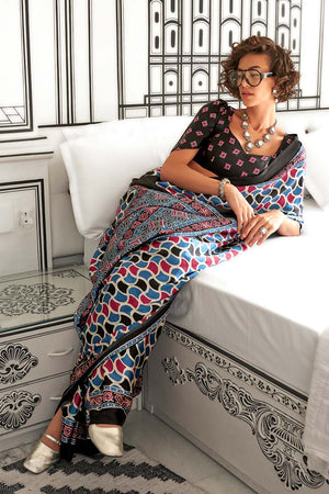 Ojas Ajrakh Grey Satin Crepe Printed One Minute Saree