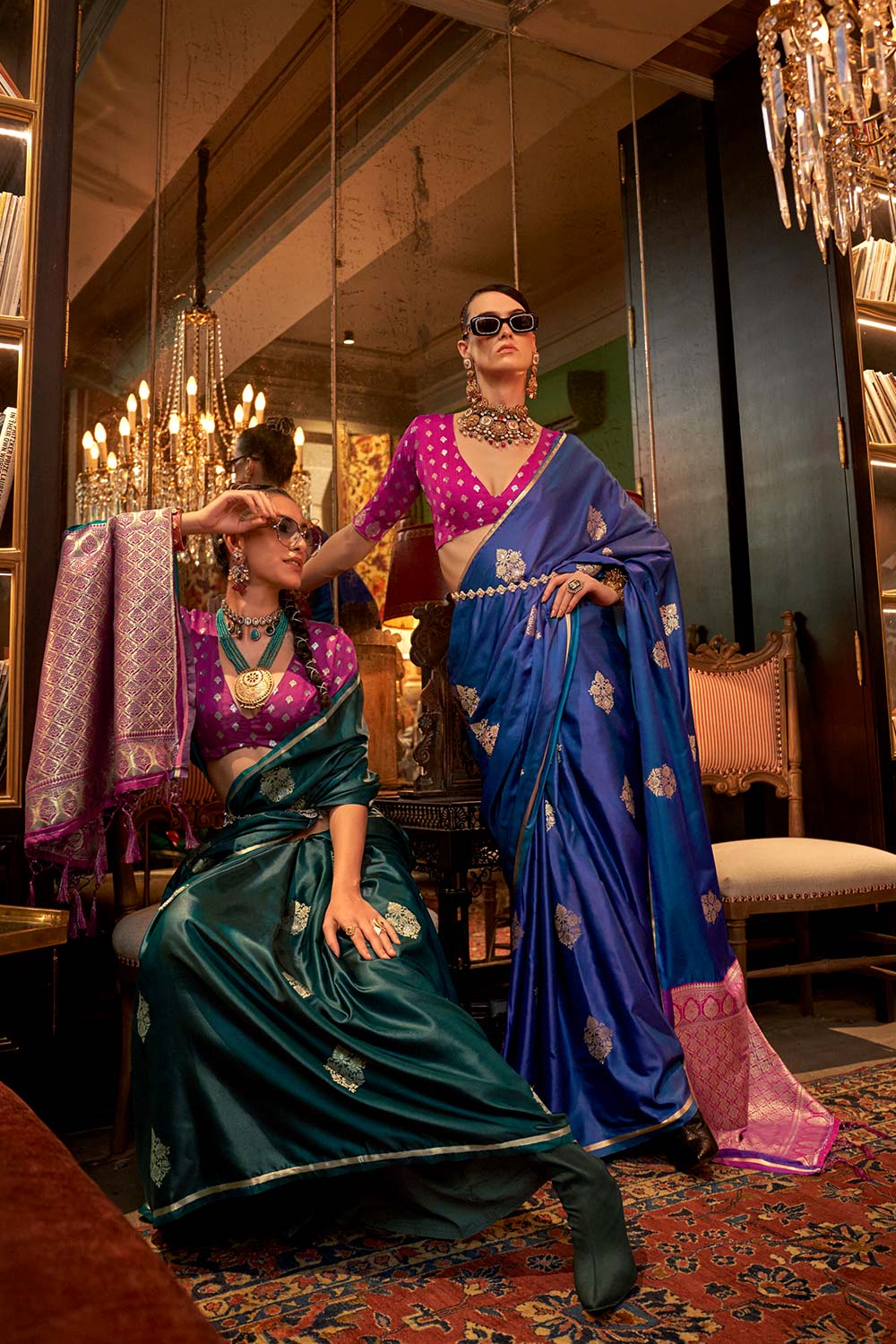 Buy Kanthkala Luxe Dark Green Satin Designer One Minute Saree Online