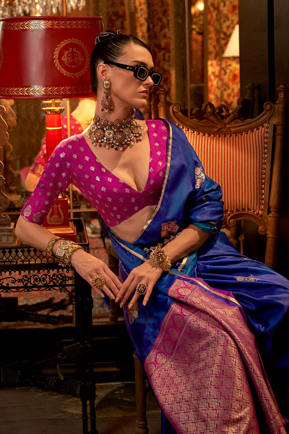Buy Kanthkala Luxe Dark Blue Satin Designer One Minute Saree Online