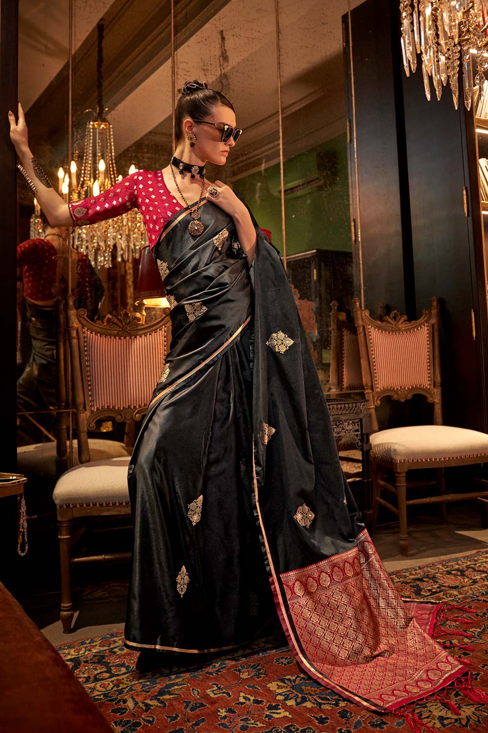 Buy Kanthkala Luxe Black Satin Designer One Minute Saree Online