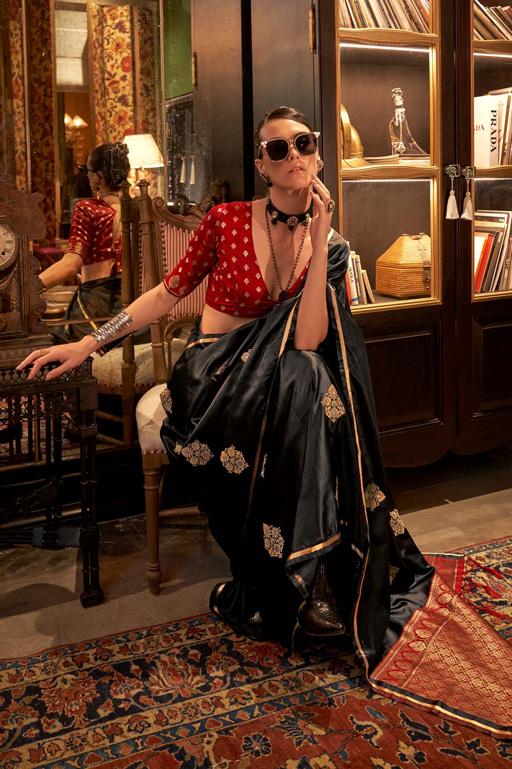 Buy Kanthkala Luxe Black Satin Designer One Minute Saree Online