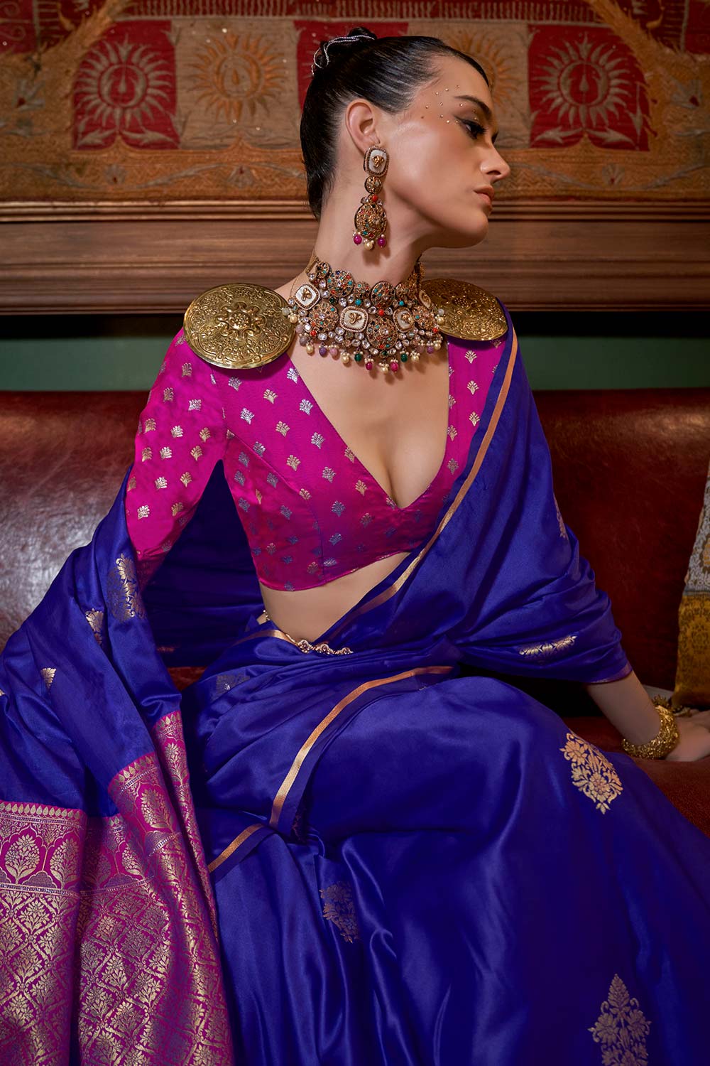 Buy Kanthkala Luxe Dark Blue Satin Designer One Minute Saree Online - Back