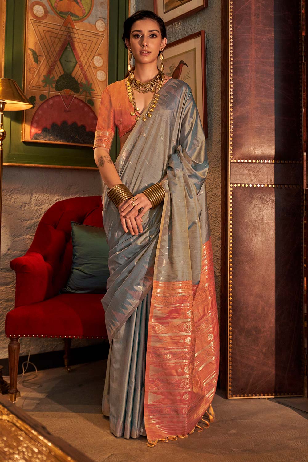 Kallista Grey Silk Foil Print One Minute Saree