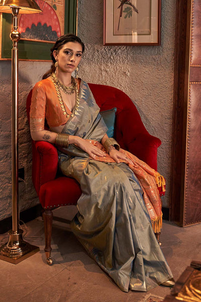 Kallista Grey Silk Foil Print One Minute Saree