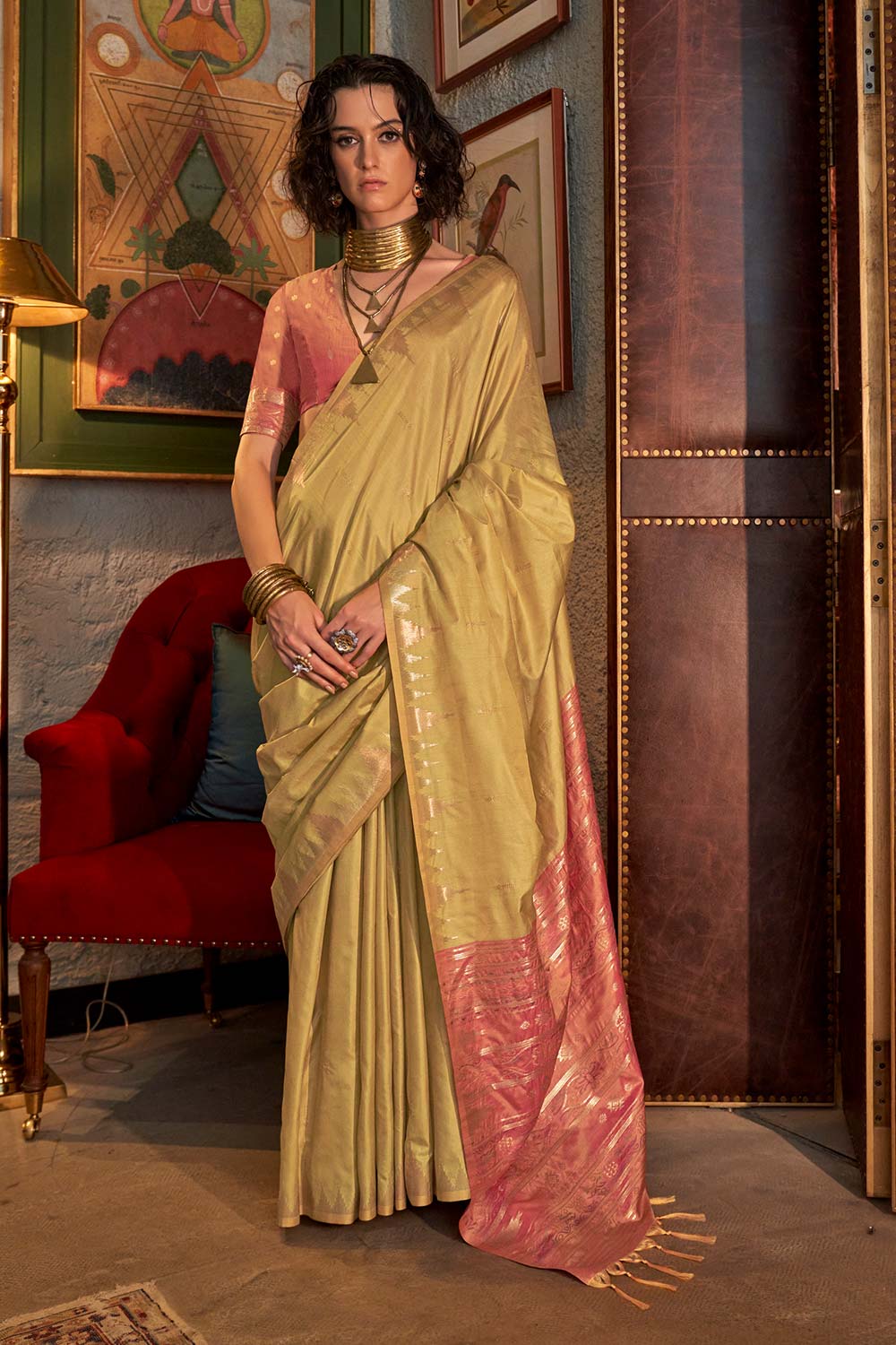 Kallista Yellow Silk Foil Print One Minute Saree