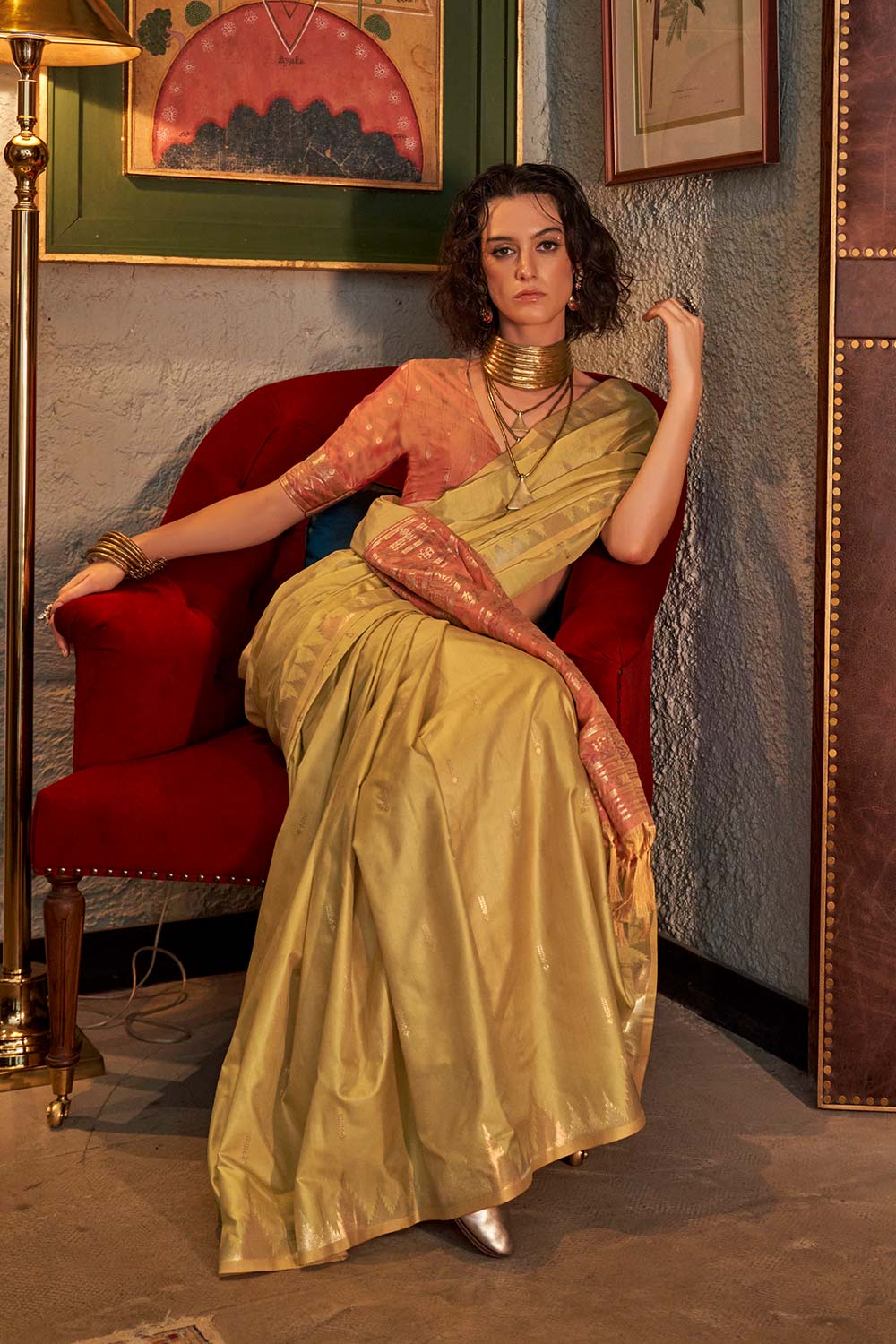 Kallista Yellow Silk Foil Print One Minute Saree