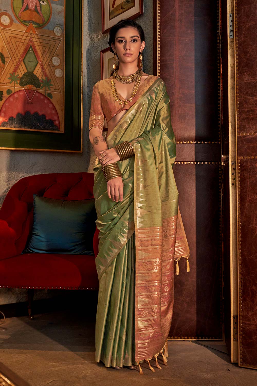 Kallista Green Silk Foil Print One Minute Saree