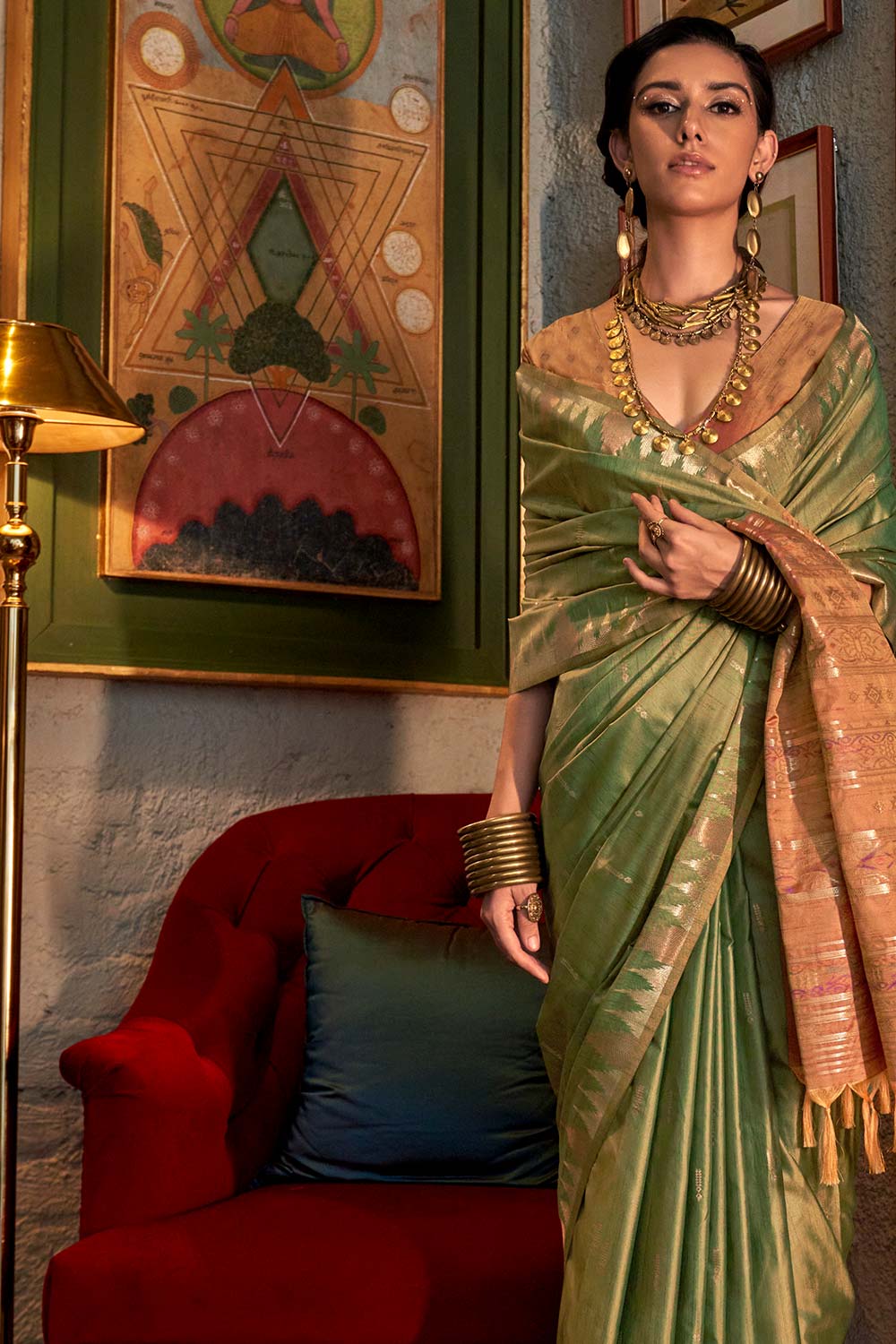 Kallista Green Silk Foil Print One Minute Saree