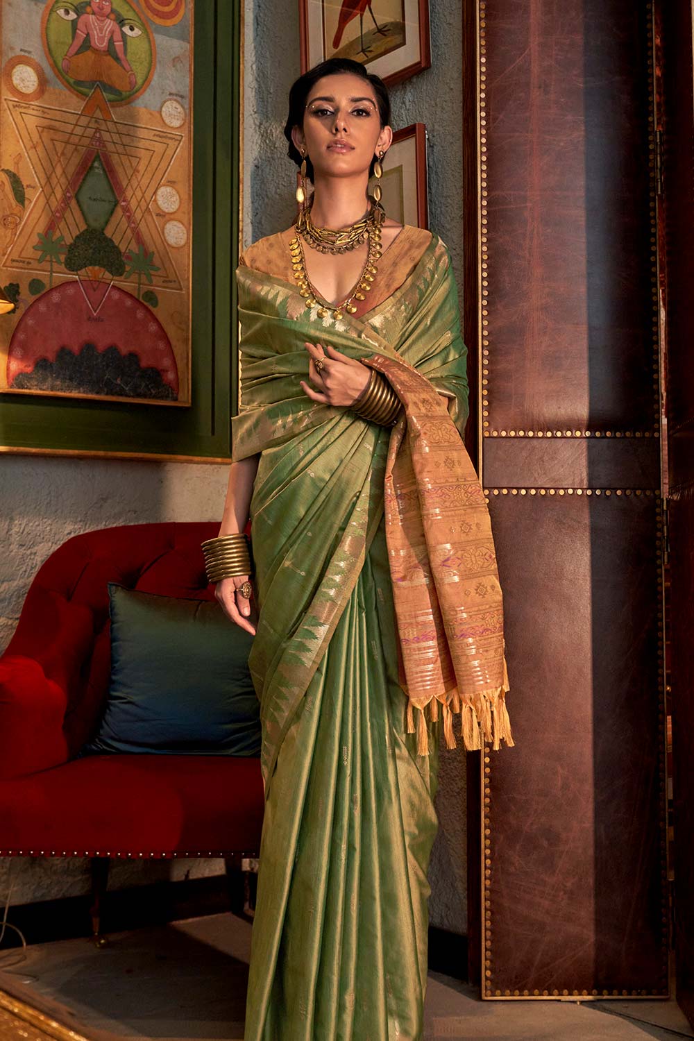 Kallista Green Silk Foil Print One Minute Saree