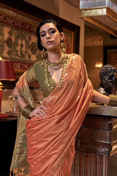 Kallista Orange Silk Foil Print One Minute Saree