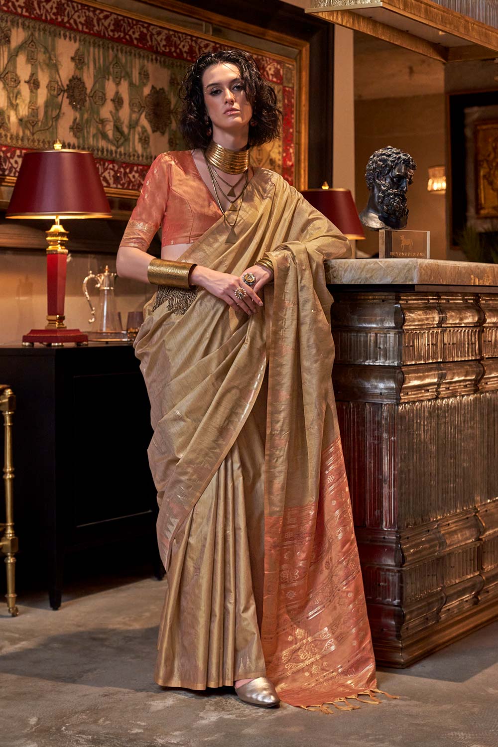 Kallista Brown Silk Foil Print One Minute Saree