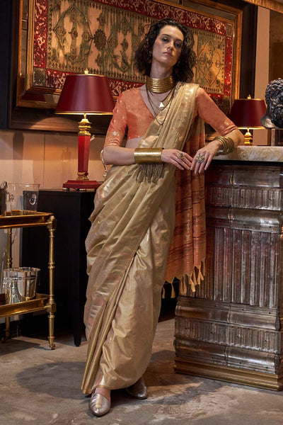 Kallista Brown Silk Foil Print One Minute Saree