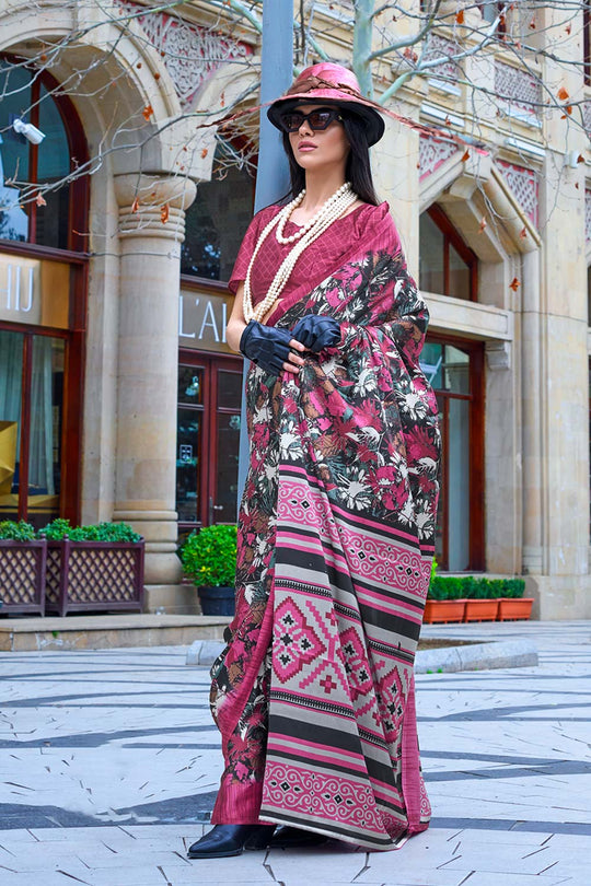 Rosni Burgundy Crepe Printed One Minute Saree