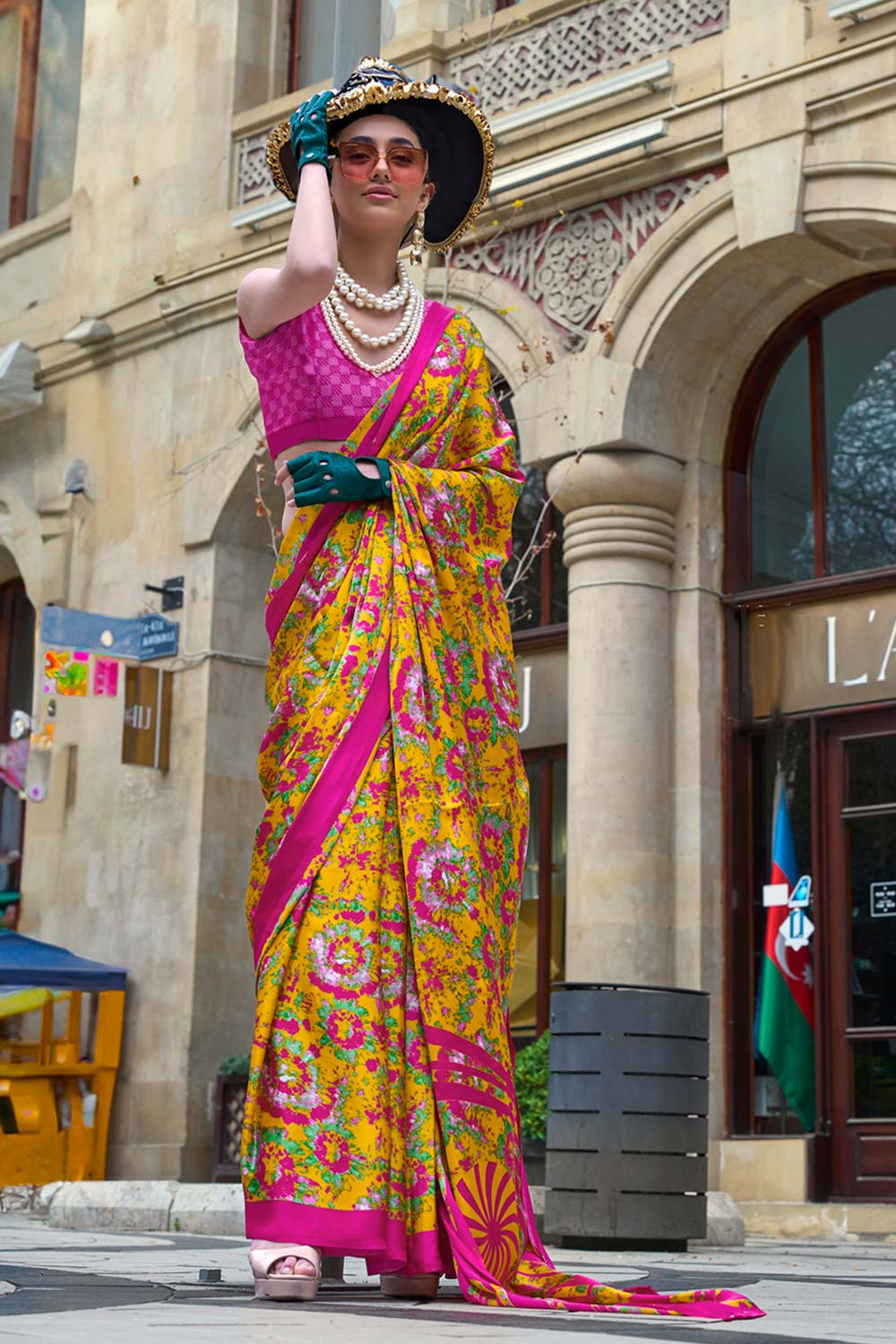 Leena Yellow Floral Crepe Printed One Minute Saree