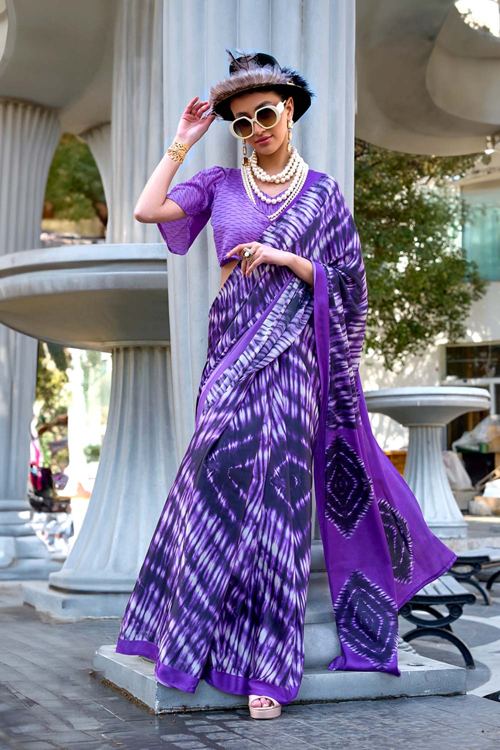 Vera Violet Crepe Printed One Minute Saree