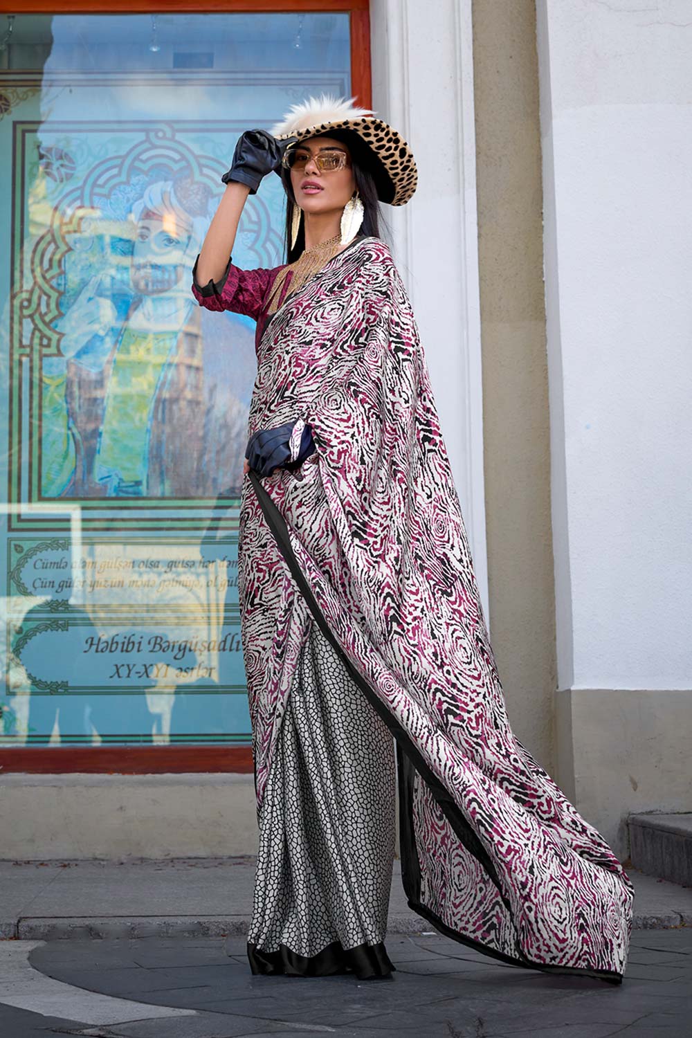 Livia White and Burgundy Crepe Printed One Minute Saree