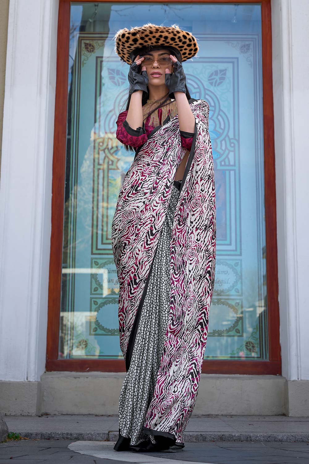 Livia White and Burgundy Crepe Printed One Minute Saree