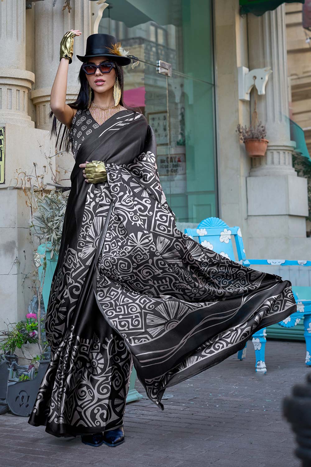 Reya Black Crepe Printed One Minute Saree