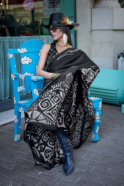 Reya Black Crepe Printed One Minute Saree