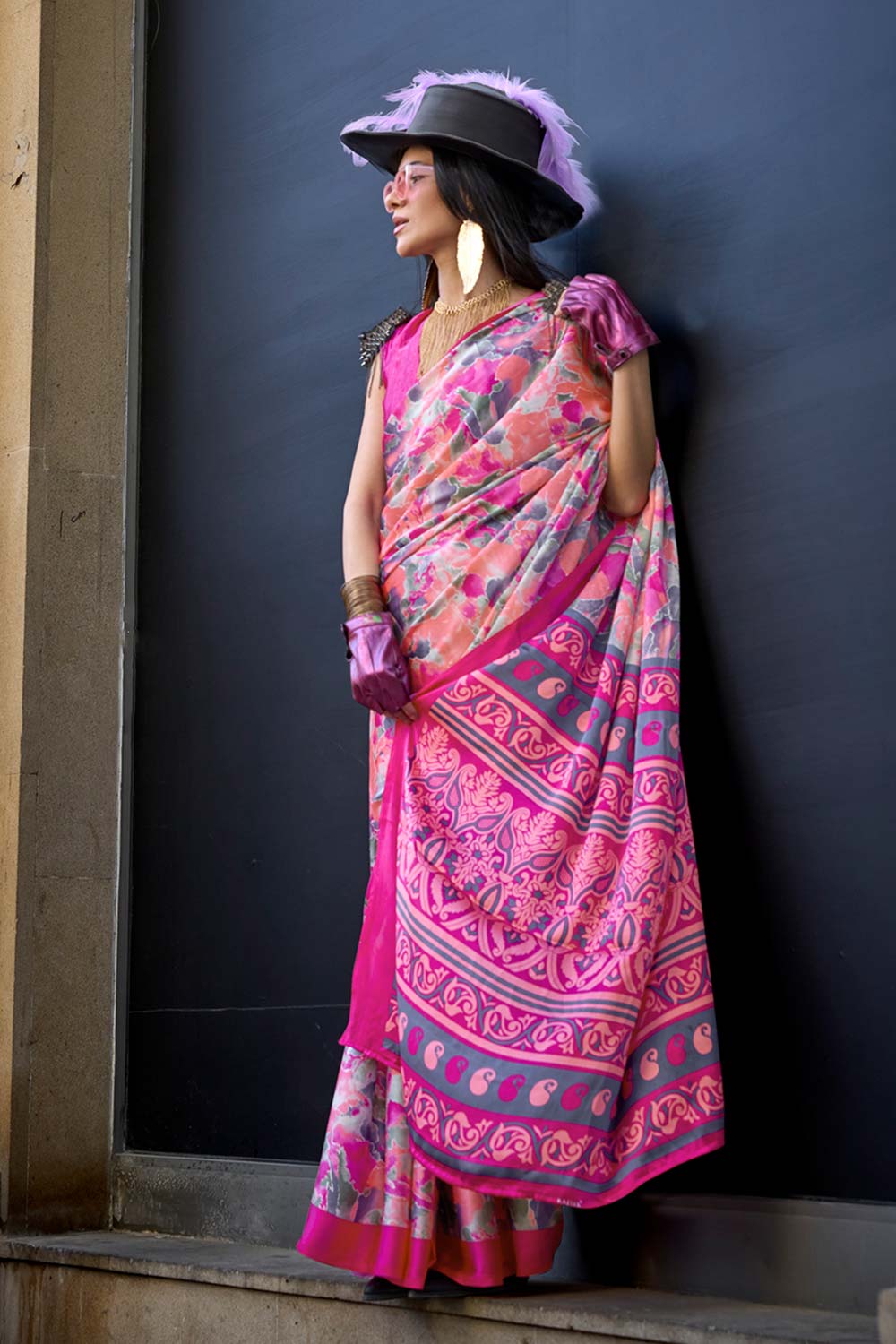 Peony Pink Crepe Printed One Minute Saree