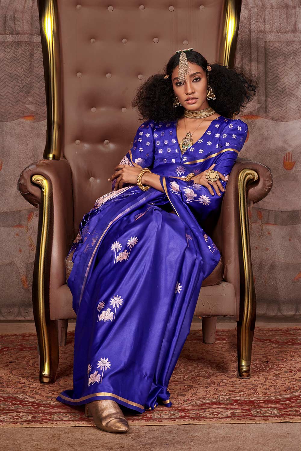Shayna Pichwai Navy Blue Silk Foil Print Ready to Wear One Minute Saree