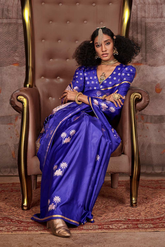 Shayna Pichwai Navy Blue Silk Foil Print Ready to Wear One Minute Saree