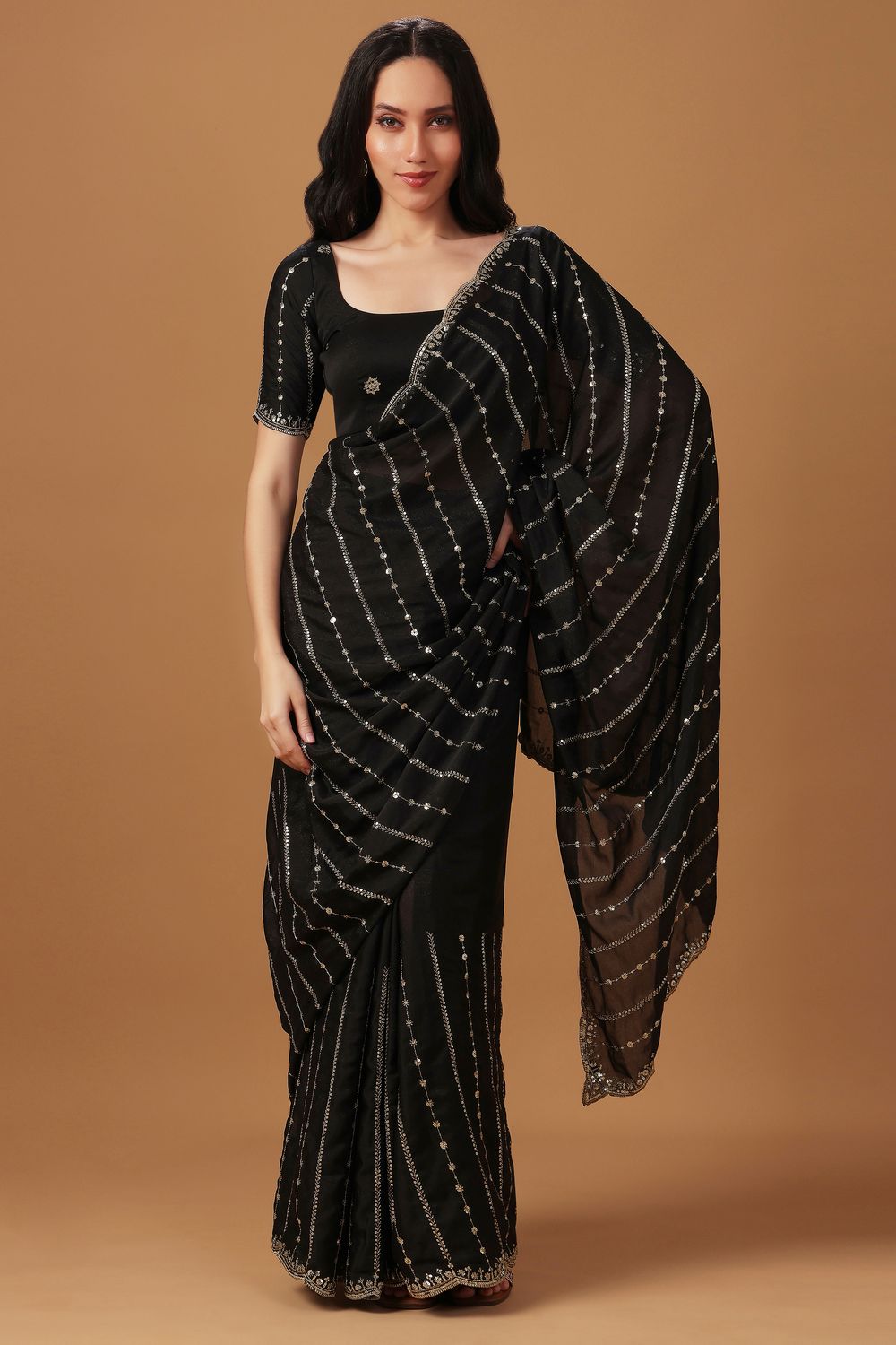 Adriana Black Georgette Zari Embroidered Sequins Ready to Wear Saree
