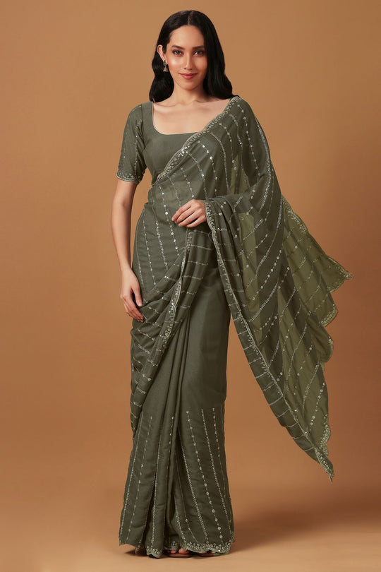 Adriana Olive Georgette Zari Embroidered Sequin Ready to Wear Saree