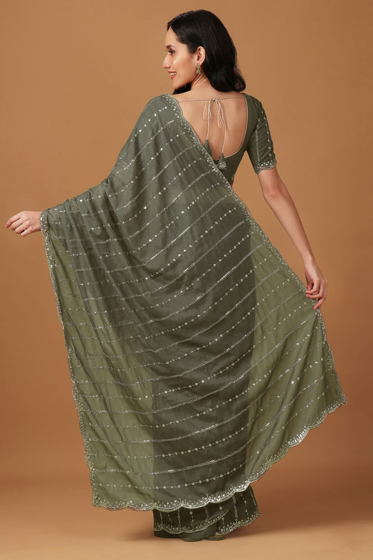 Adriana Olive Georgette Zari Embroidered Sequin Ready to Wear Saree
