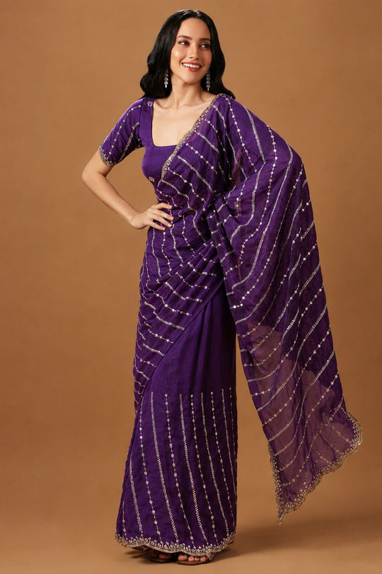 Adriana Purple Georgette Zari Embroidered Sequin Ready to Wear Saree