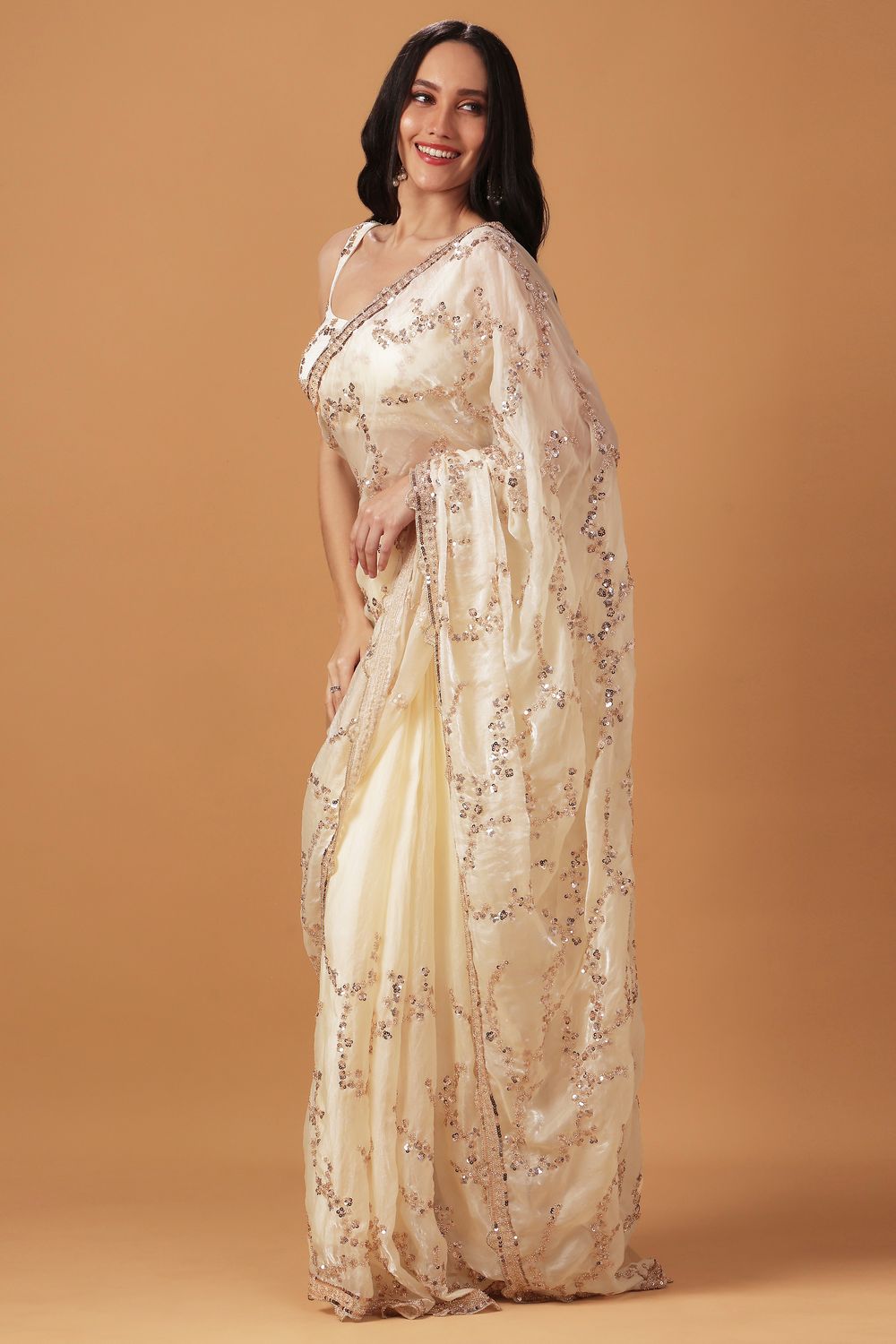 Cameron Cream Paper Silk Sequins Embroidered Party Wear Ready to Wear Saree