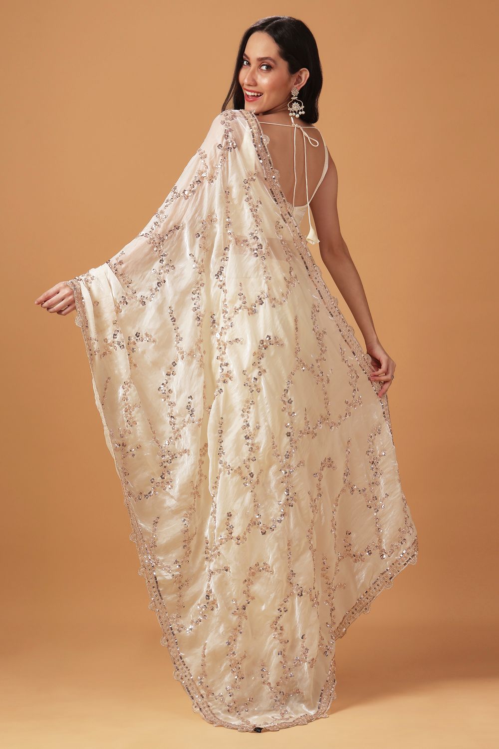 Cameron Cream Paper Silk Sequins Embroidered Party Wear Ready to Wear Saree